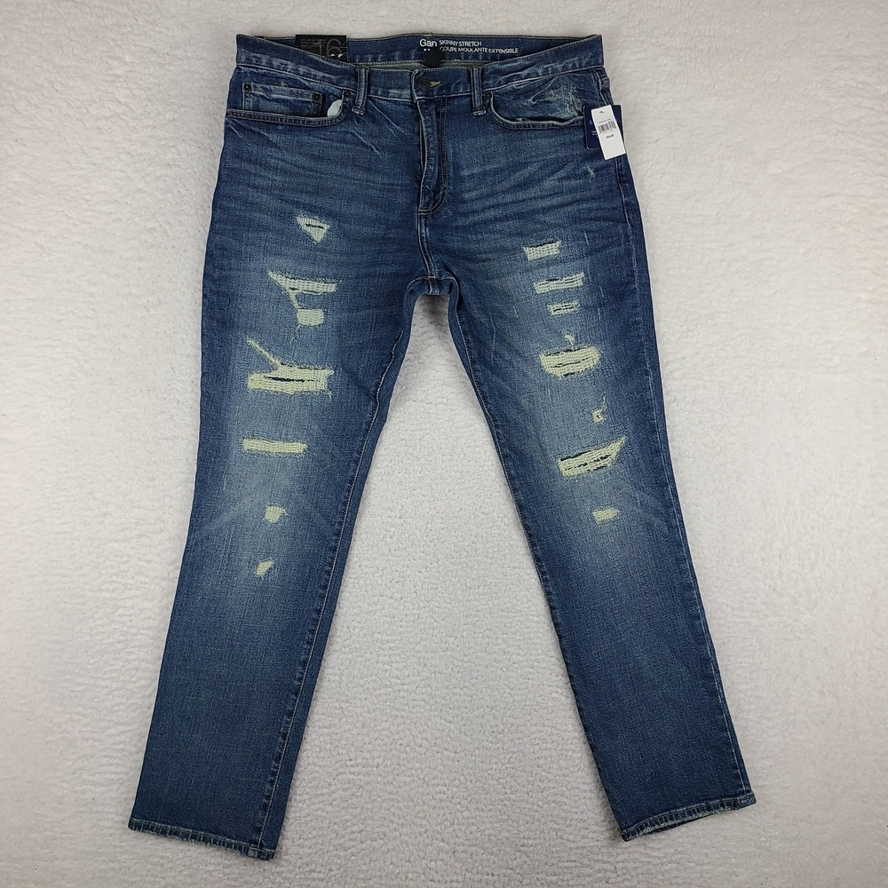 GAP Jeans Mens 35x30 Blue Skinny Stretch Distress Dark Wash Denim NWT NEW
